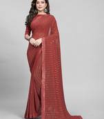Rust Coloured Sequined Embroidered Georgette Saree with Blouse Piece