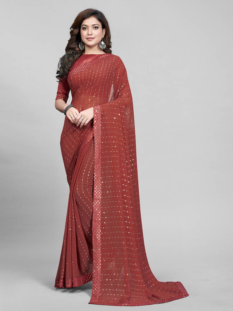 Rust Coloured Sequined Embroidered Georgette Saree with Blouse Piece
