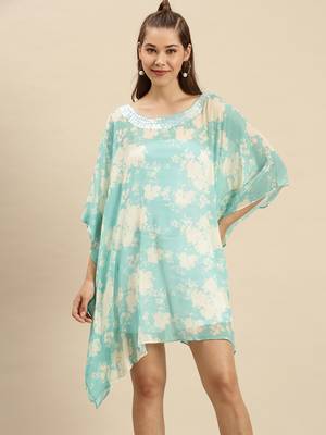 Celeste Blue Printed Floral Design Stone Work Kaftan 1