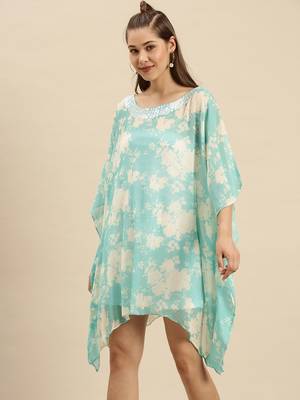 Celeste Blue Printed Floral Design Stone Work Kaftan 2