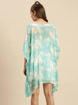 Celeste Blue Printed Floral Design Stone Work Kaftan 3