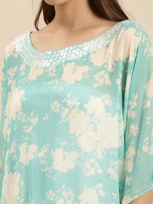 Celeste Blue Printed Floral Design Stone Work Kaftan 4