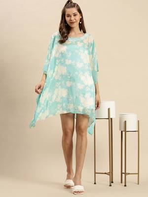 Celeste Blue Printed Floral Design Stone Work Kaftan 5