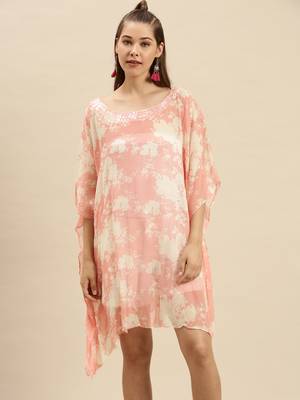 Light Salmon Printed Floral Design Stone Work Kaftan 1