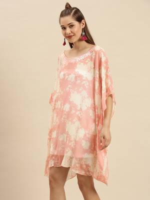 Light Salmon Printed Floral Design Stone Work Kaftan 2