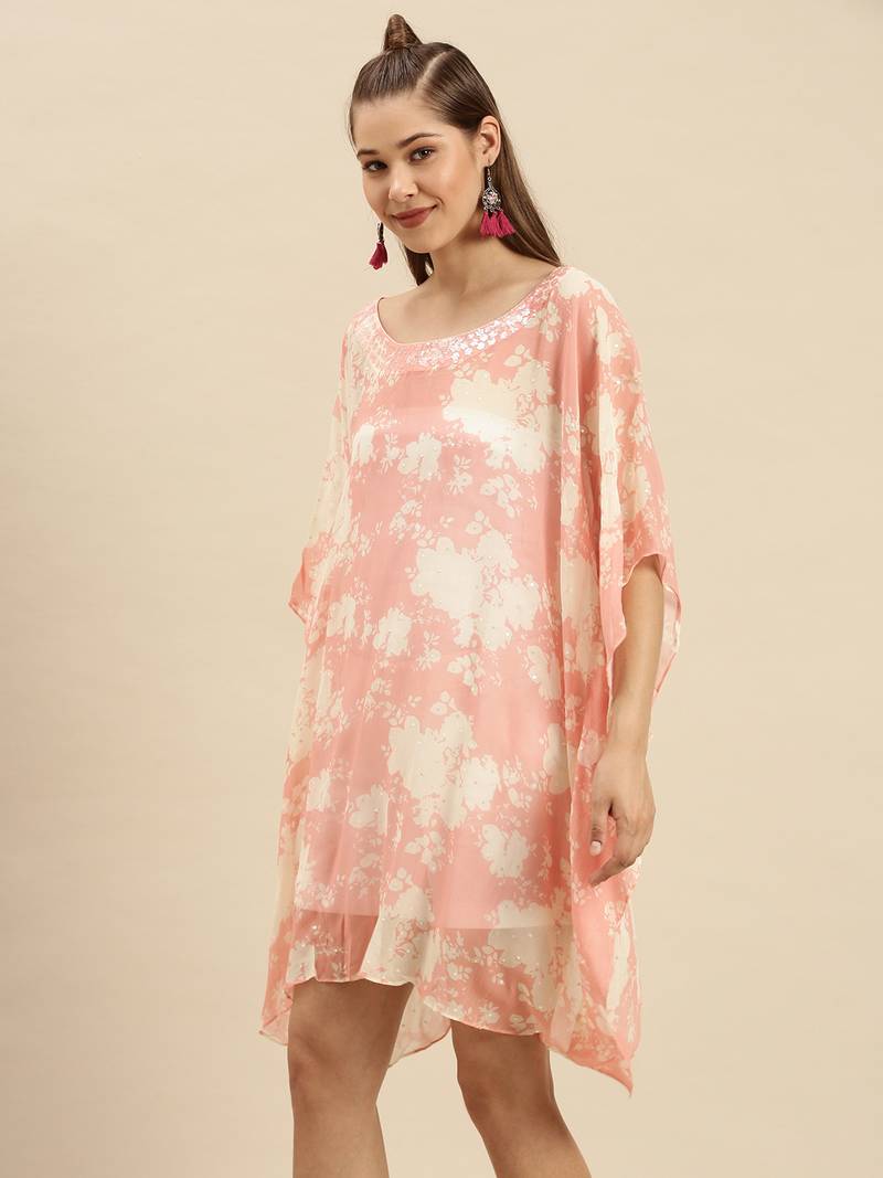 Light Salmon Printed Floral Design Stone Work Kaftan