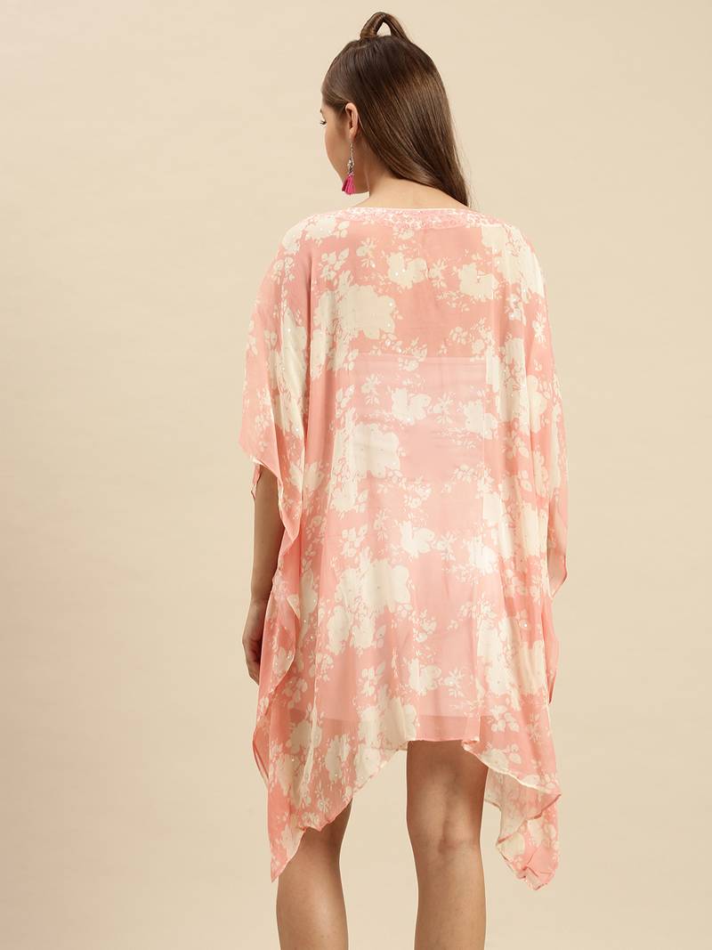 Light Salmon Printed Floral Design Stone Work Kaftan
