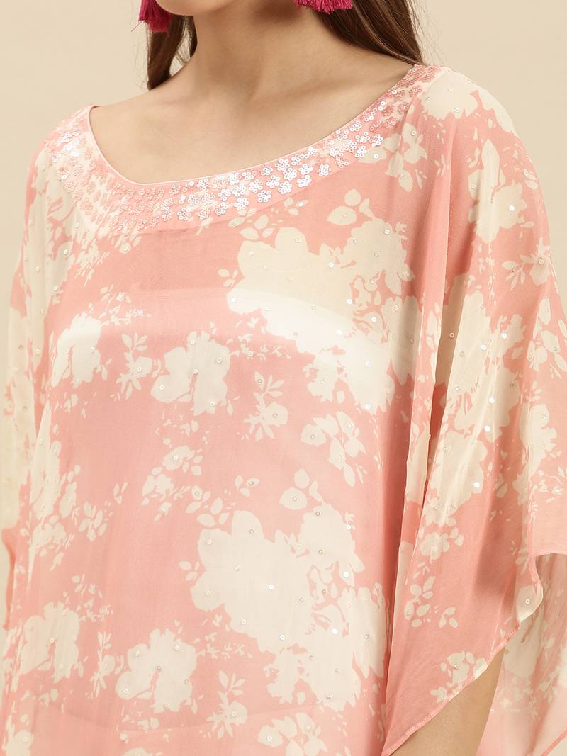 Light Salmon Printed Floral Design Stone Work Kaftan