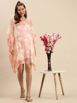 Light Salmon Printed Floral Design Stone Work Kaftan 5