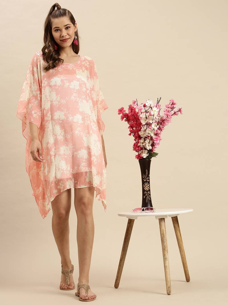 Light Salmon Printed Floral Design Stone Work Kaftan
