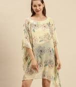 Cream Printed Floral Design Stone Work Kaftan