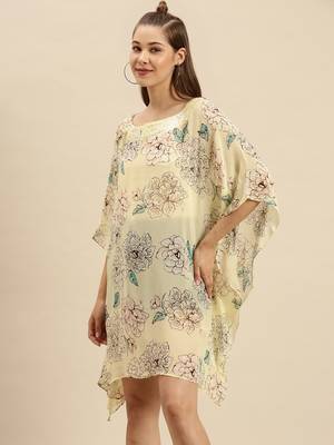 Cream Printed Floral Design Stone Work Kaftan 2