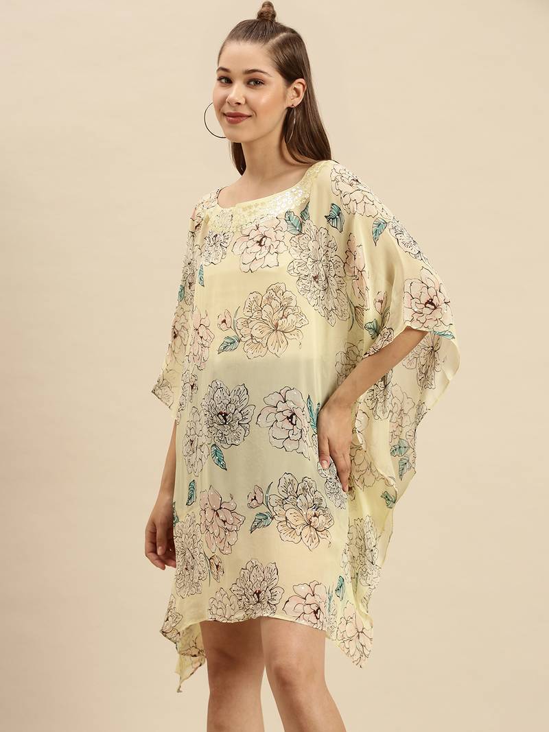 Cream Printed Floral Design Stone Work Kaftan