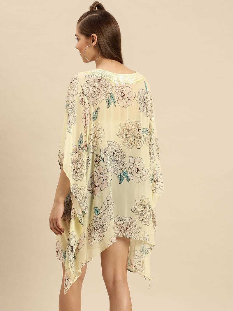 Cream Printed Floral Design Stone Work Kaftan