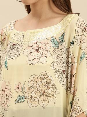 Cream Printed Floral Design Stone Work Kaftan 4