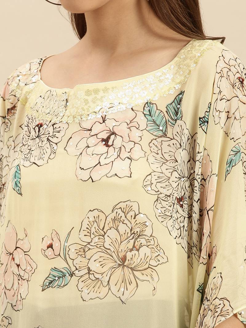 Cream Printed Floral Design Stone Work Kaftan
