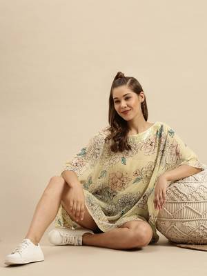 Cream Printed Floral Design Stone Work Kaftan 5