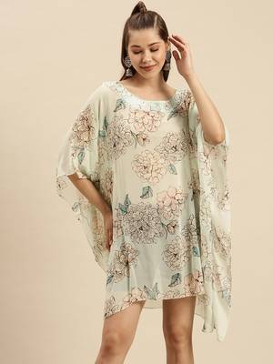 Green Printed Floral Design Stone Work Kaftan 1