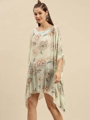 Green Printed Floral Design Stone Work Kaftan 2