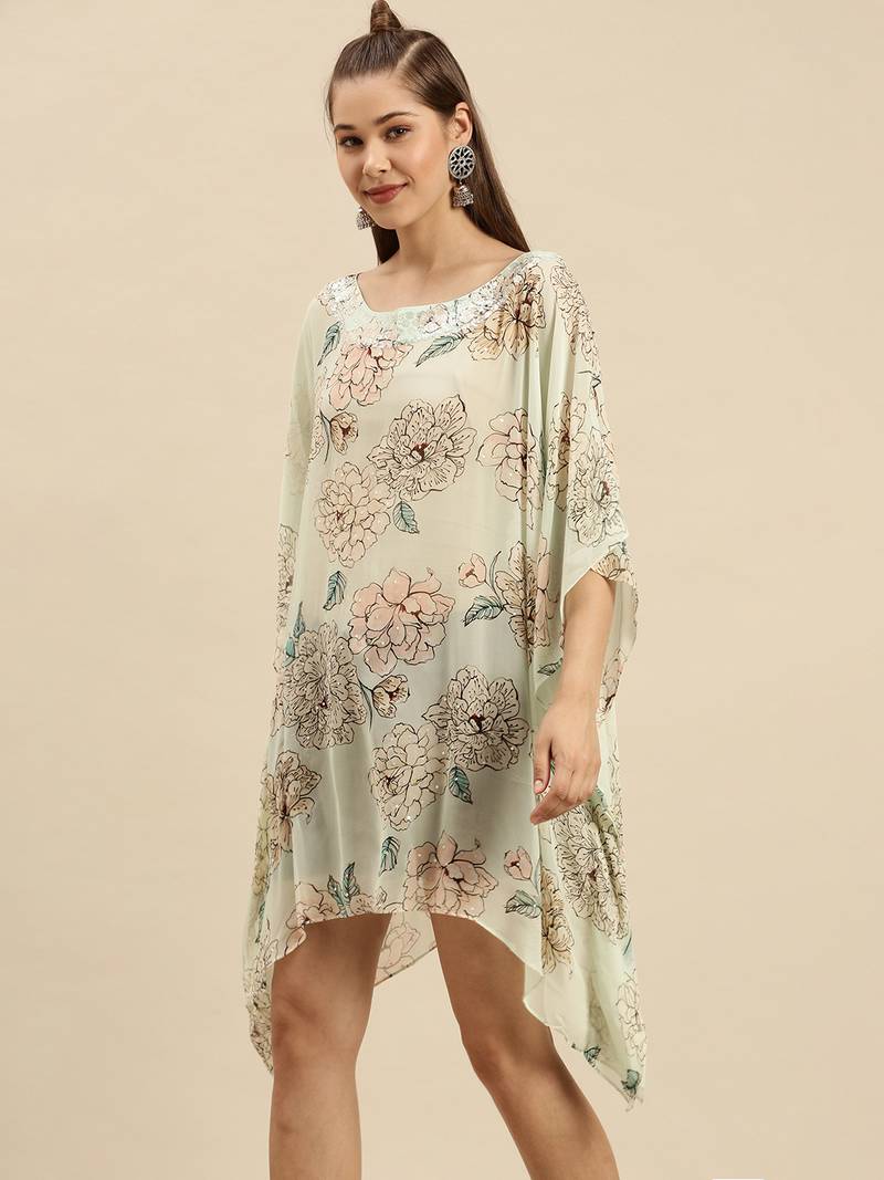Green Printed Floral Design Stone Work Kaftan