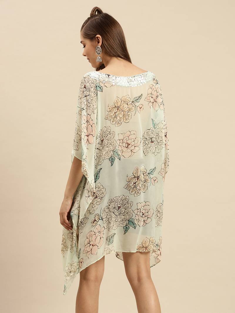 Green Printed Floral Design Stone Work Kaftan