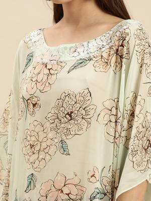 Green Printed Floral Design Stone Work Kaftan 4
