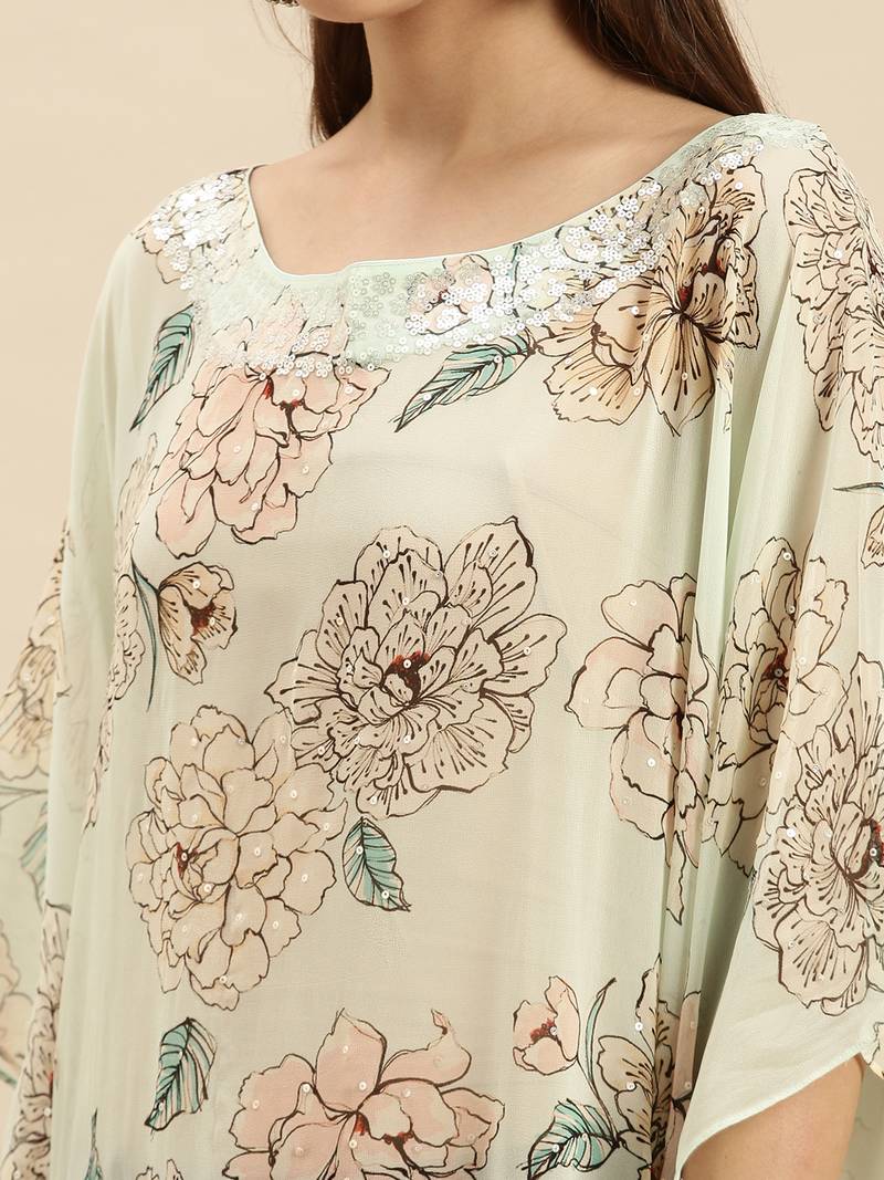 Green Printed Floral Design Stone Work Kaftan