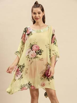 Green Printed Floral Design Stone Work Kaftan 1