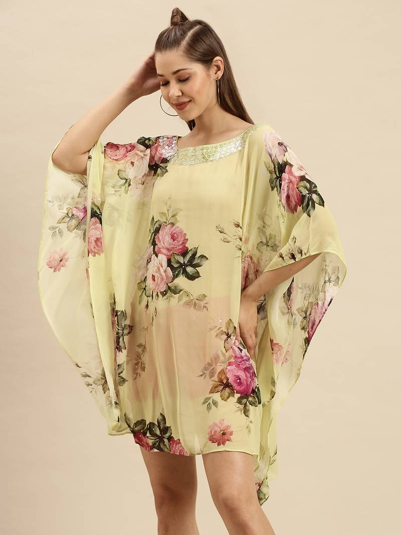 Green Printed Floral Design Stone Work Kaftan