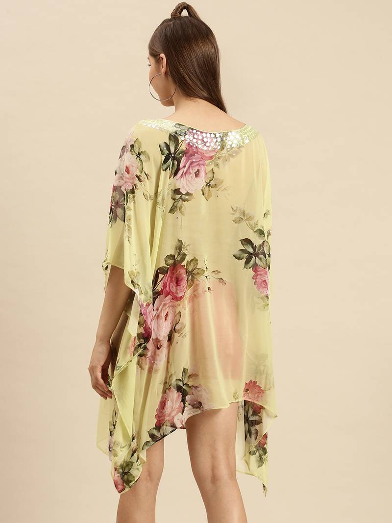 Green Printed Floral Design Stone Work Kaftan