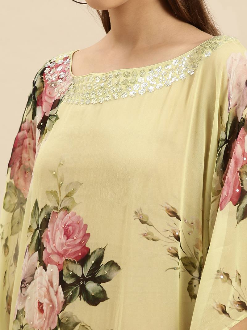 Green Printed Floral Design Stone Work Kaftan