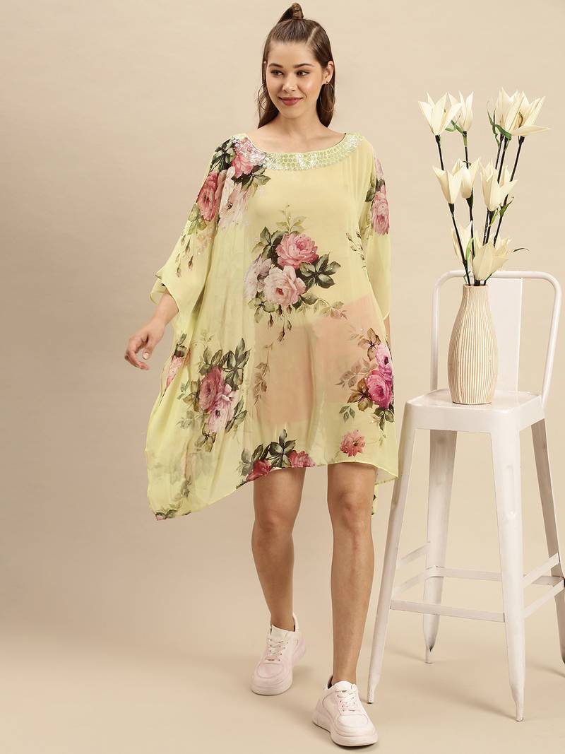 Green Printed Floral Design Stone Work Kaftan