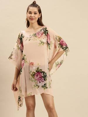 Peach Printed Floral Design Stone Work Kaftan 1
