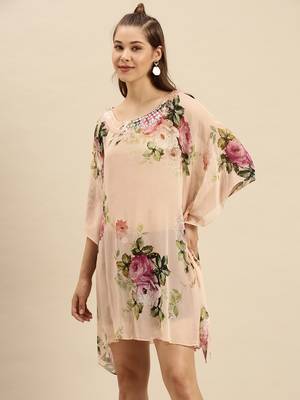 Peach Printed Floral Design Stone Work Kaftan 2