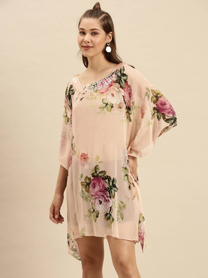 Peach Printed Floral Design Stone Work Kaftan
