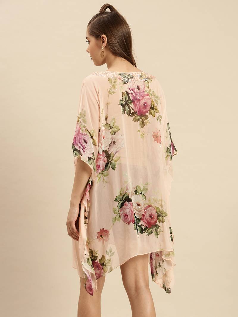 Peach Printed Floral Design Stone Work Kaftan