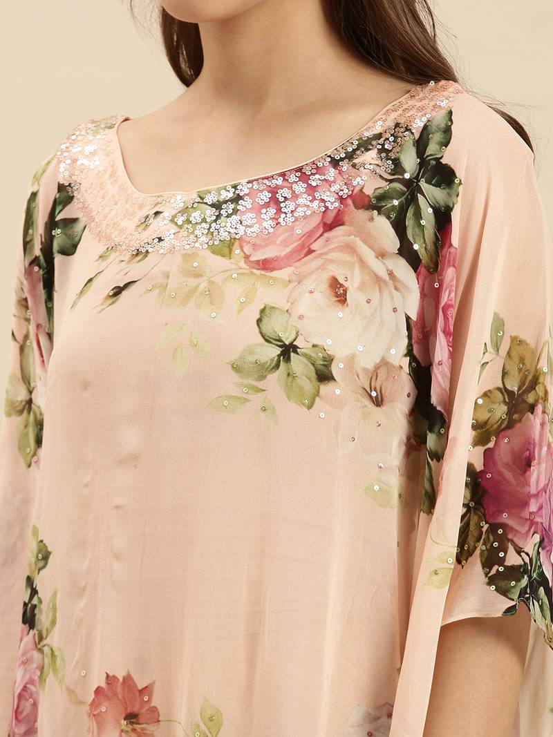 Peach Printed Floral Design Stone Work Kaftan