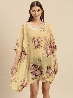 Beige Printed Floral Design Stone Work Kaftan 1