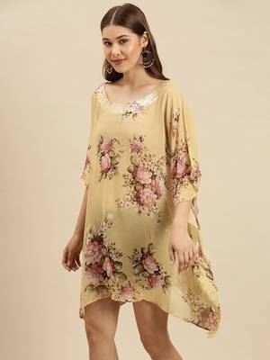 Beige Printed Floral Design Stone Work Kaftan 2