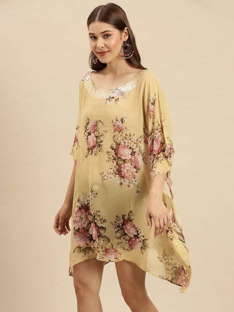 Beige Printed Floral Design Stone Work Kaftan