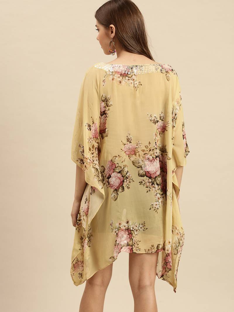 Beige Printed Floral Design Stone Work Kaftan