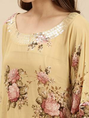 Beige Printed Floral Design Stone Work Kaftan 4