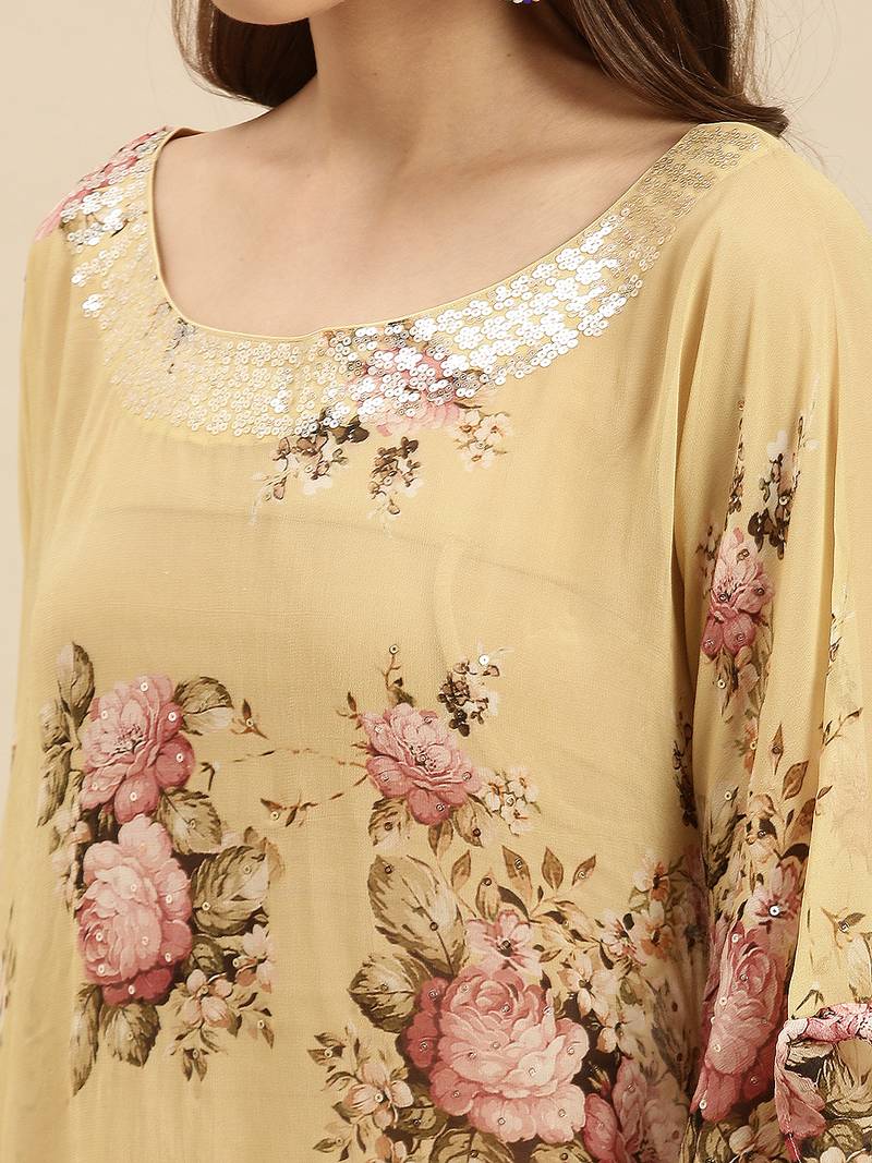 Beige Printed Floral Design Stone Work Kaftan