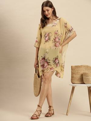 Beige Printed Floral Design Stone Work Kaftan 5