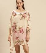 Cream Printed Floral Design Stone Work Kaftan