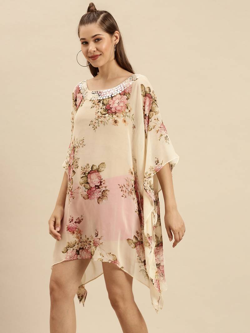 Cream Printed Floral Design Stone Work Kaftan