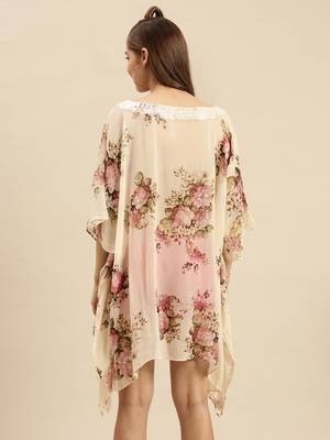 Cream Printed Floral Design Stone Work Kaftan 3