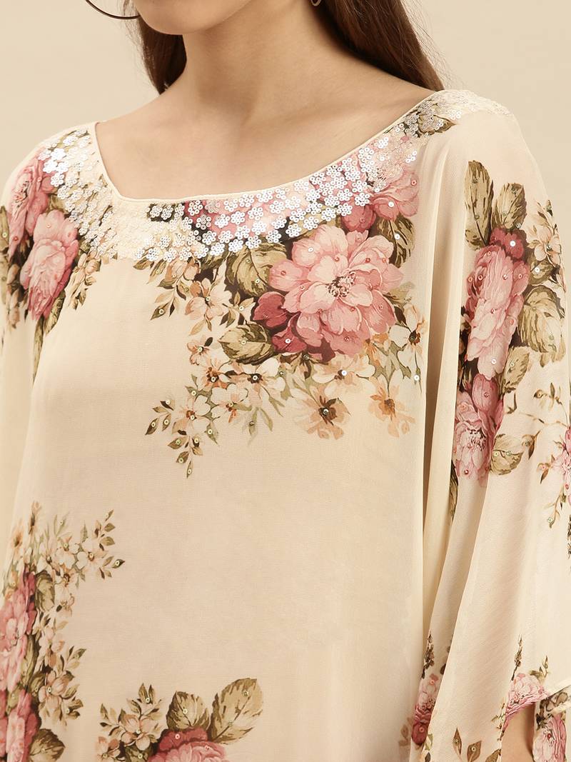 Cream Printed Floral Design Stone Work Kaftan