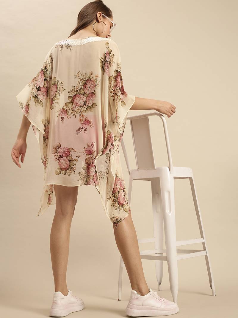 Cream Printed Floral Design Stone Work Kaftan