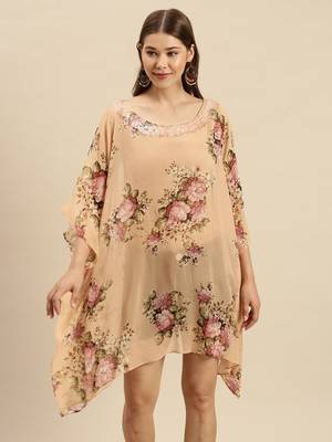 Peach Printed Floral Design Stone Work Kaftan 1
